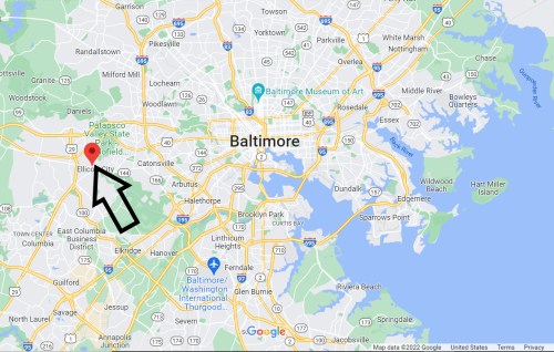 Map showing Baltimore, Maryland, with an arrow pointing to Ellicott City to the west.