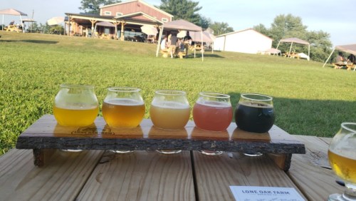 A flight of five craft beers on a wooden paddle, with a farm setting and tents in the background.