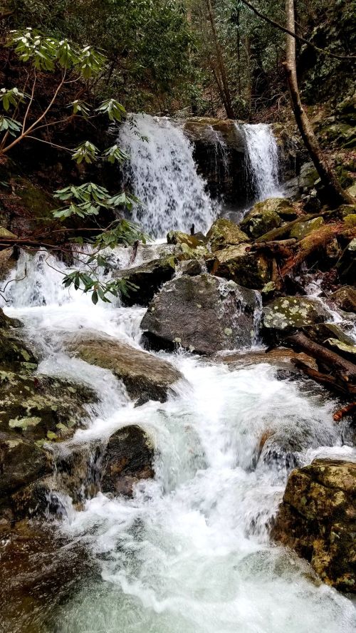 A serene waterfall cascades over rocky terrain, surrounded by lush greenery and trees.