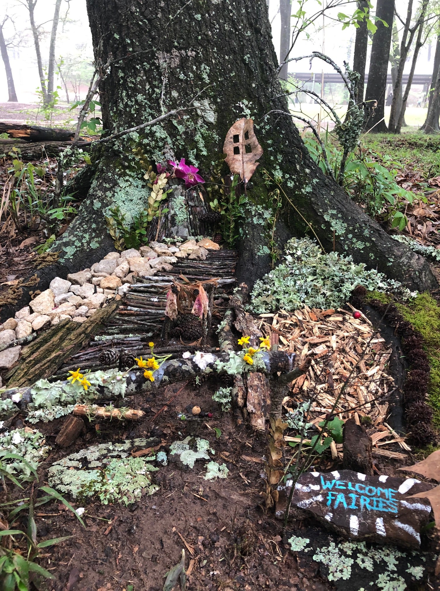 Fairy garden, pixie, Cherry Blossom, faerie, tire swing, Fae, Fairy, outlet natural materials, up-cycled trash, rocks, moss, fairy love