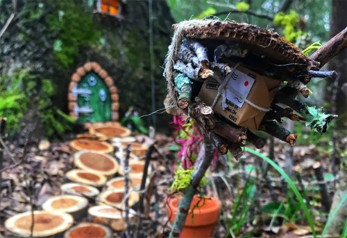 A whimsical miniature door in a tree trunk, surrounded by natural elements and a path of sliced logs.