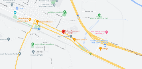 Map showing the layout of Winslow, Arizona, highlighting key locations like Falcon Restaurant and nearby highways.