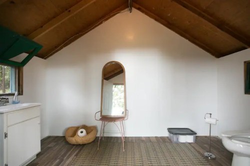 A simple interior of a cabin with a mirror, sink, toilet, and a cozy rug on the wooden floor.