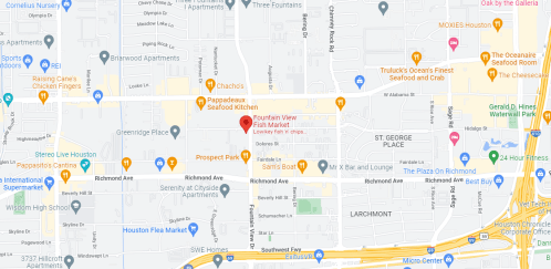 Map showing the location of Fountain View Fish Market in Houston, Texas, with nearby streets and landmarks.