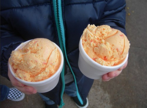 A person holding two cups of orange ice cream, wearing a blue jacket with a teal zipper.