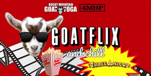 A goat wearing sunglasses with popcorn and a film reel, promoting "Goatflix and Chill" for Rocky Mountain Goat Yoga.