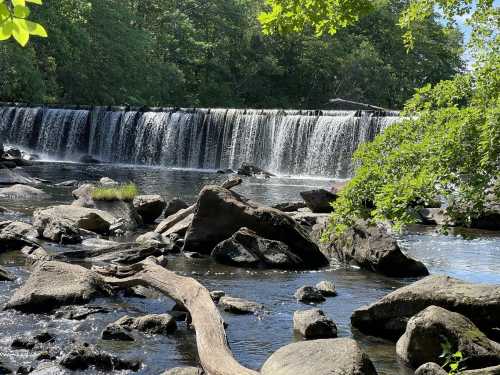 A serene waterfall cascades over rocks, surrounded by lush greenery and a calm river.