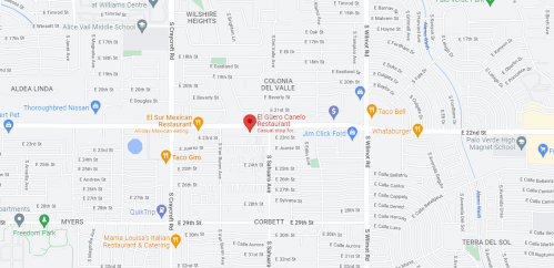 Map showing streets and locations in a neighborhood, including restaurants and nearby landmarks.