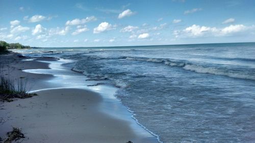 A serene beach scene with gentle waves, soft sand, and a blue sky dotted with fluffy clouds.