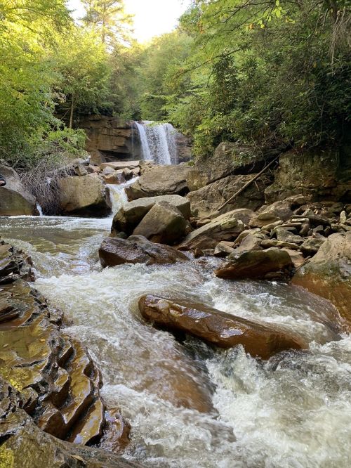 A serene waterfall cascades over rocks, surrounded by lush greenery and flowing water in a tranquil natural setting.