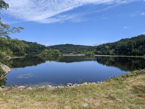 A serene lake surrounded by lush greenery and hills under a clear blue sky. Reflections shimmer on the water's surface.