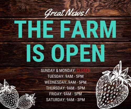 Sign announcing "The Farm is Open" with hours listed for each day, featuring a wooden background and strawberry illustrations.