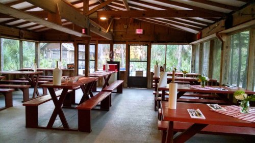 Interior of a rustic dining area with wooden tables, benches, and large windows overlooking greenery.