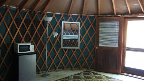 Interior of a yurt featuring a microwave, floor lamp, mirror, and wooden door, with a patterned rug on the floor.