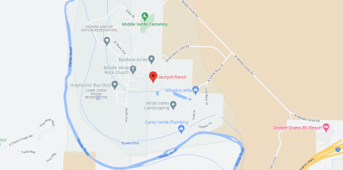 Map showing Jackpot Ranch location near Middle Verde Cemetery and various local landmarks in Camp Verde, Arizona.