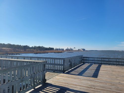 A wooden dock extends over a calm river, with clear blue skies and distant buildings on the shore.