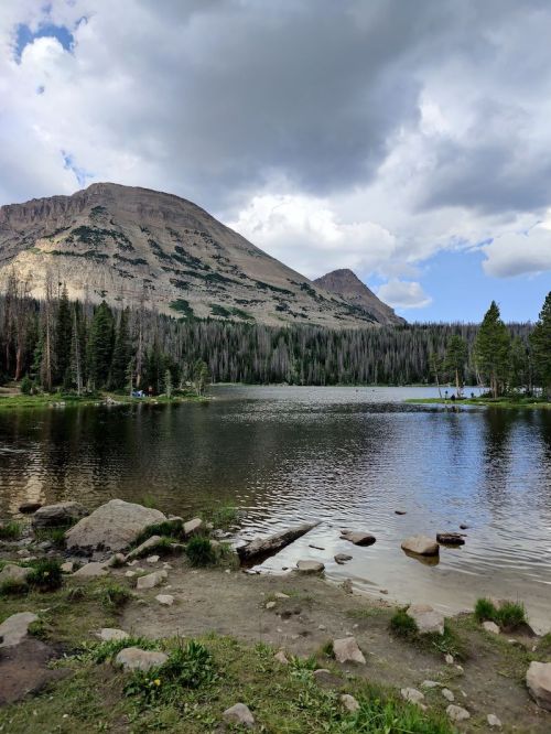 A serene lake surrounded by mountains and trees under a partly cloudy sky. Rocks line the shore.