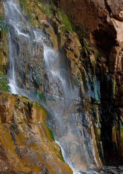 A cascading waterfall flows over rocky cliffs, surrounded by moss and vibrant greenery.
