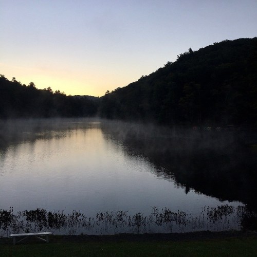 A serene lake at dawn, surrounded by trees, with mist rising from the water and a soft golden light in the sky.