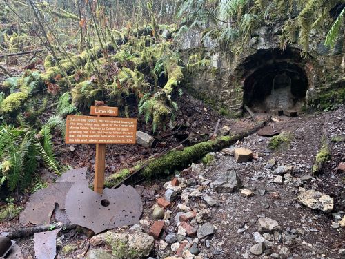 A historic lime kiln surrounded by mossy trees and rocks, with an informational sign nearby.