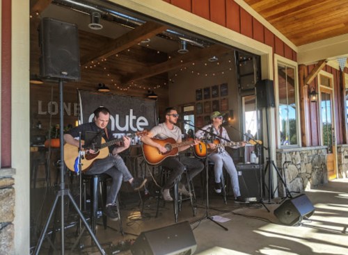 Three musicians perform on stage with acoustic guitars in a cozy venue, surrounded by warm lighting and wooden decor.