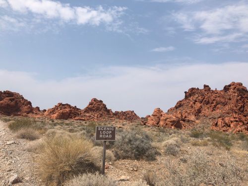 A sign for Scenic Loop Road in a desert landscape with red rock formations and sparse vegetation under a cloudy sky.