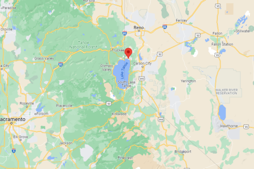 Map showing the Lake Tahoe area, with marked locations around Reno and surrounding national forests.