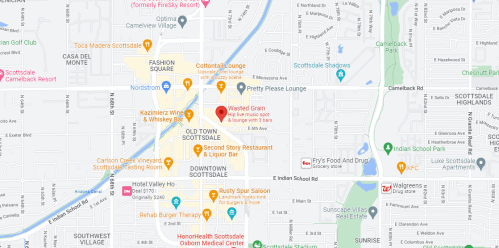 Map of Scottsdale, Arizona, highlighting various locations including restaurants, parks, and shopping areas.