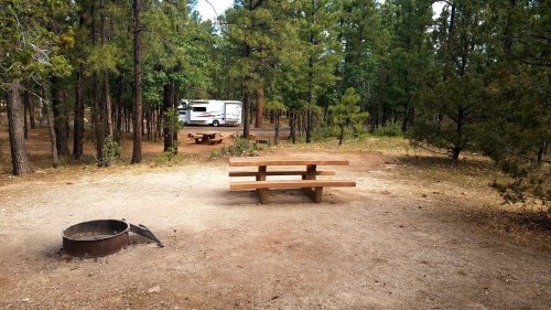 A picnic table in a forested area with a fire pit and an RV in the background among tall trees.