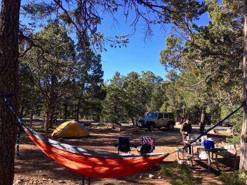 A peaceful campsite with an orange hammock, tents, chairs, and a parked jeep surrounded by trees and blue sky.
