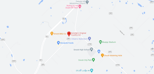 Map showing Snook, Texas, with locations like Snook BBQ Co., Citizens State Bank, and Snook High School.
