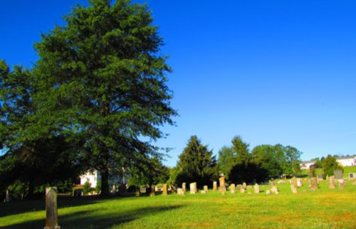 A peaceful cemetery scene with gravestones, lush green grass, and trees under a clear blue sky.