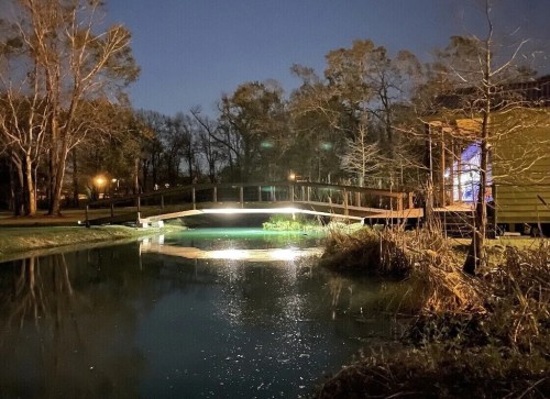 A serene night scene featuring a bridge over a calm pond, surrounded by trees and soft lighting.