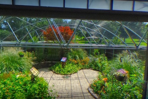 A lush garden with colorful flowers and greenery, enclosed by a glass structure, featuring pathways and informational signs.