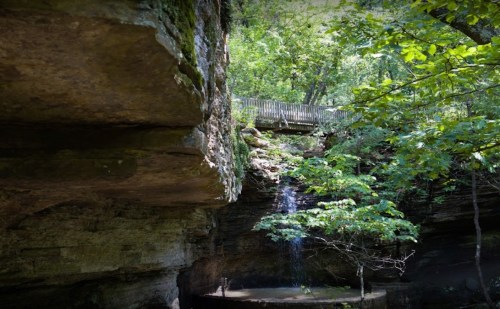 A serene landscape featuring a rocky cliff, a small waterfall, and lush greenery with a wooden bridge above.