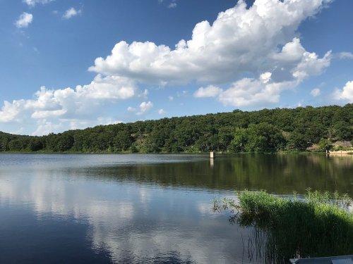 A serene lake surrounded by lush greenery and fluffy clouds reflecting on the water's surface.