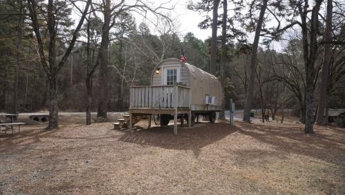 A unique trailer home on stilts surrounded by trees, with a wooden deck and a flag, set in a natural landscape.