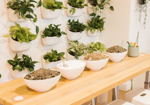 A wooden table displays five bowls of different herbs and spices, with a green plant wall in the background.