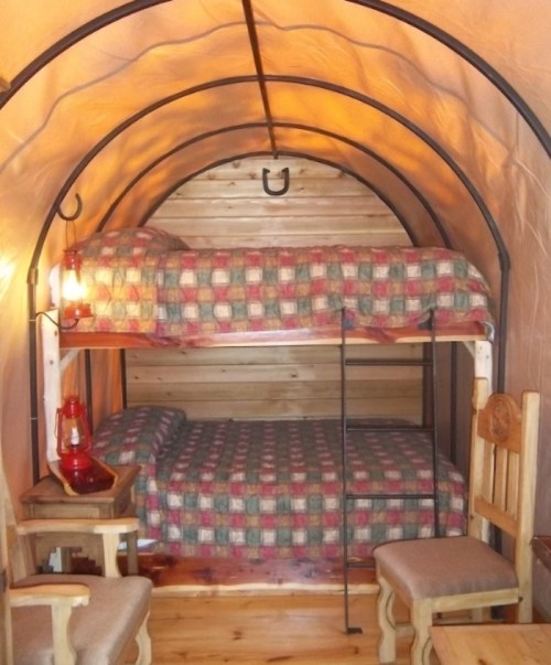 Cozy interior of a small cabin with a bunk bed, wooden furniture, and warm lighting.