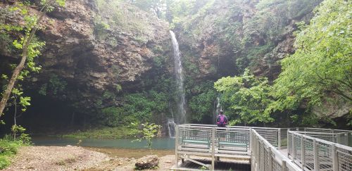 A serene waterfall cascades into a tranquil pool, surrounded by lush greenery and rocky cliffs. A person stands on a wooden platform.