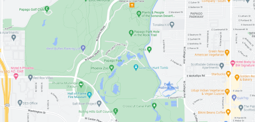 Map showing Papago Park, Phoenix Zoo, and nearby attractions with roads and parking areas labeled.