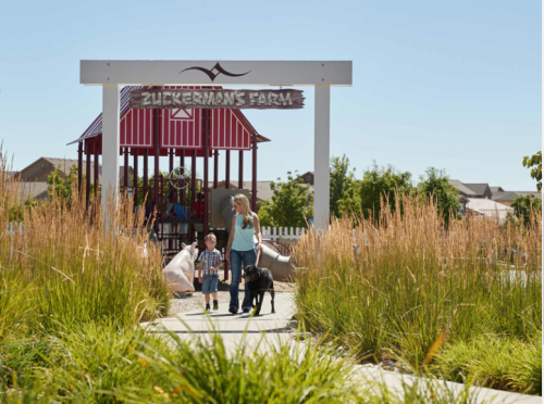 A woman and child walk towards Zukerman's Farm, accompanied by a dog, surrounded by tall grass and a clear blue sky.