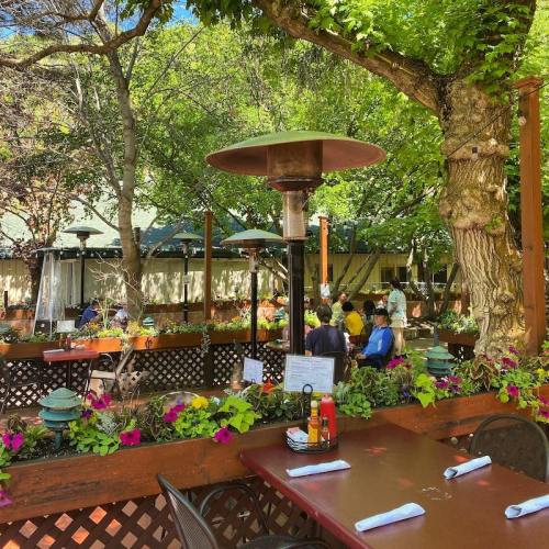 A cozy outdoor restaurant patio with green trees, colorful flowers, and diners enjoying their meals at tables.