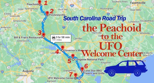 Map showing a road trip route in South Carolina from the Peachoid to the UFO Welcome Center, highlighting key stops.