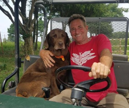 A man in a red shirt smiles while sitting in a vehicle with a brown dog beside him, both enjoying the outdoors.