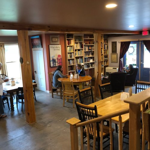 Cozy interior of a café with bookshelves, tables, and people engaged in conversation. Warm, inviting atmosphere.