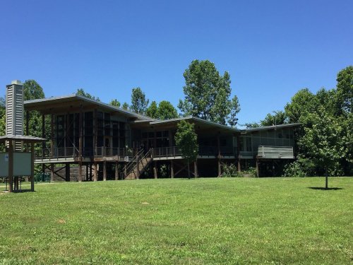 Modern house on stilts surrounded by green grass and trees under a clear blue sky.