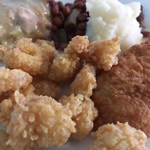 A plate of food featuring fried shrimp, mashed potatoes, beans, and a piece of fried fish.
