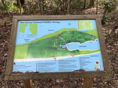 Map of Bon Secour National Wildlife Refuge, showing trails, waterways, and nearby areas in a natural setting.