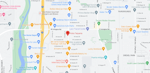 Map showing various locations in Tucson, Arizona, including restaurants, shops, and landmarks.